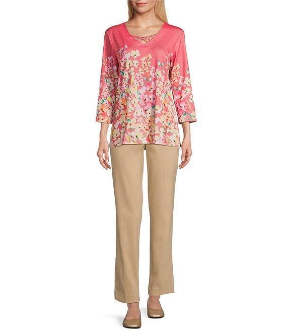 Allison Daley Living Floral Print 3/4 Sleeve Criss Cross V-Neck Knit Top Product Image