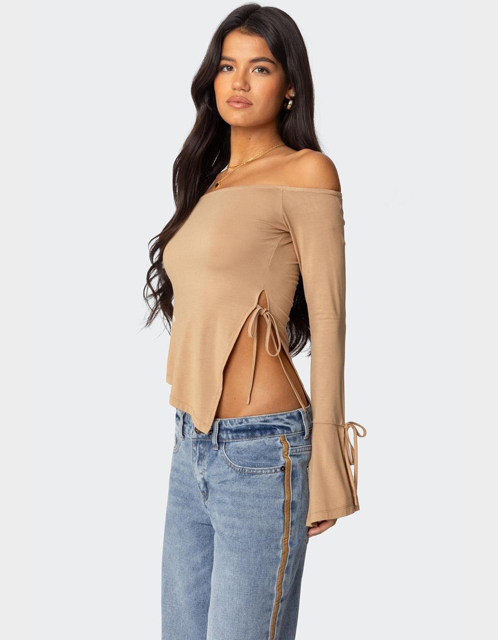 EDIKTED Faux Suede Stripe Low Rise Jeans Product Image