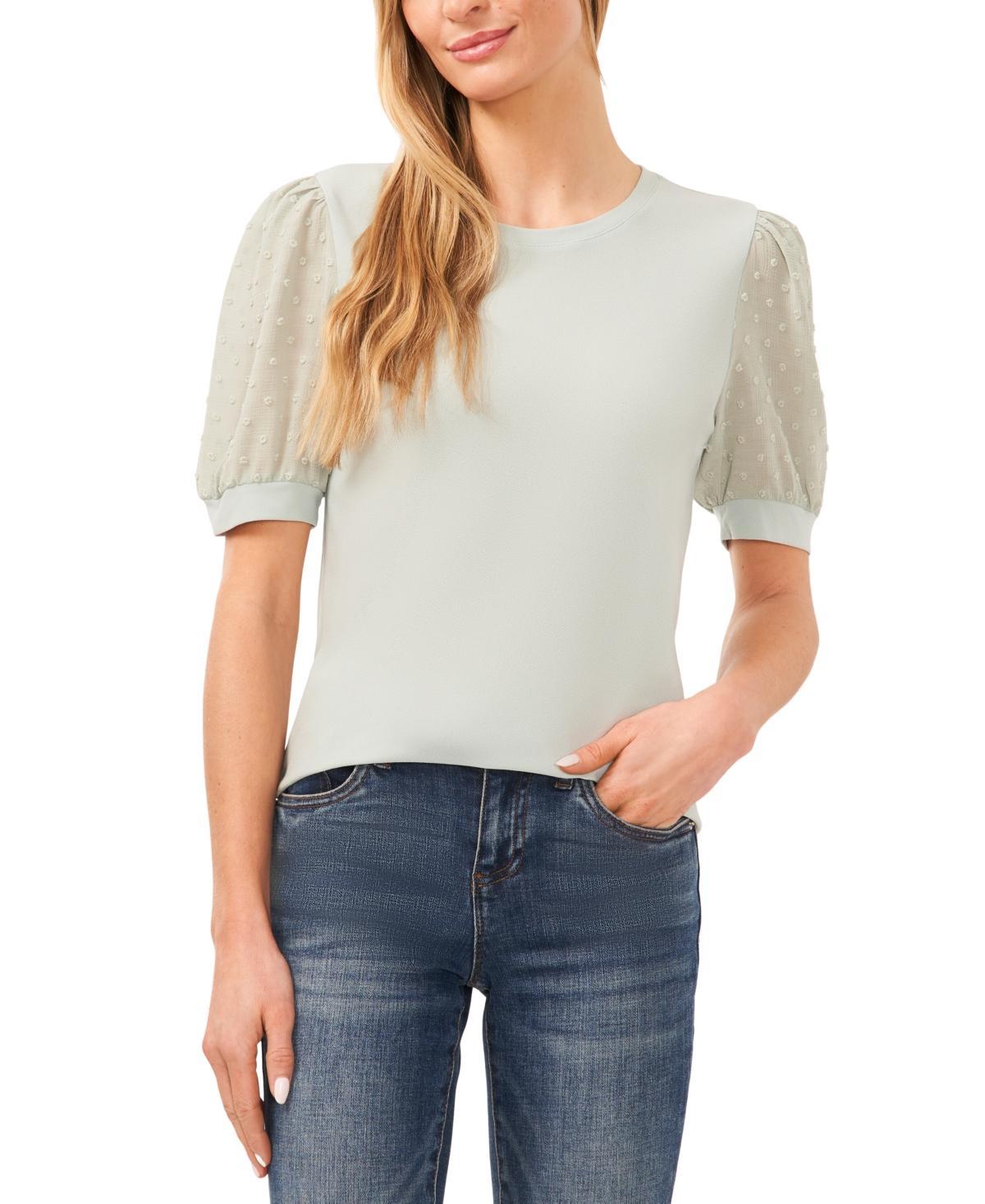 CeCe Round Neck Short Puff Sleeve Mixed Media Knit Shirt Product Image