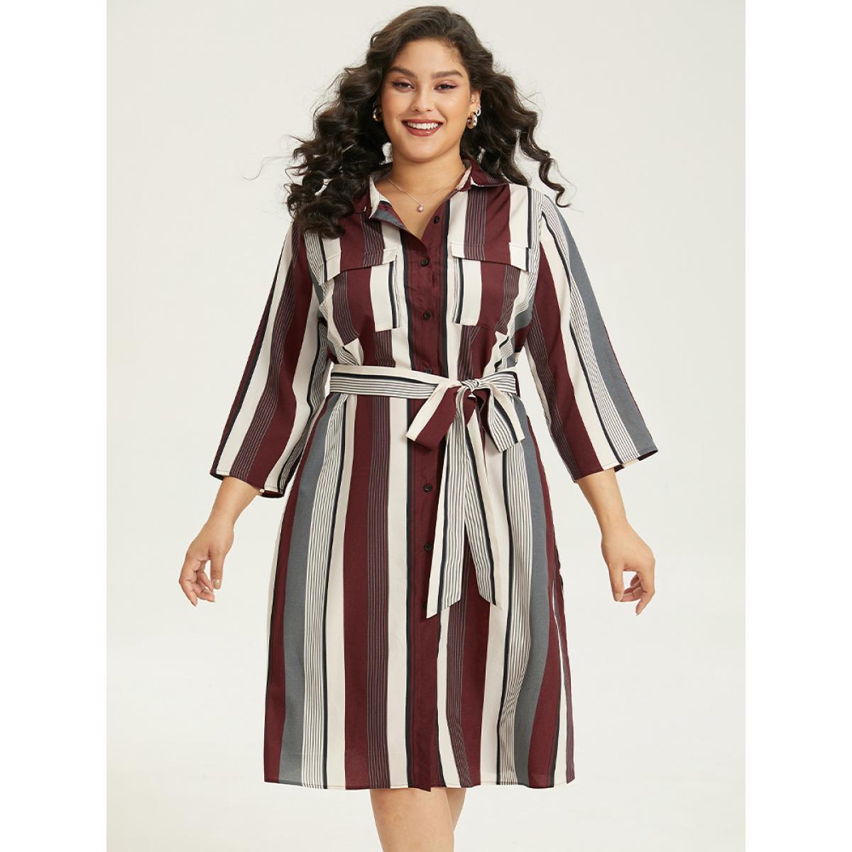 Plus Size Striped Contrast Pocket Button Through Belted Shirt Collar Dress Multicolor Women Work From Home Belted Shirt collar Elbow-length sleeve Curvy Midi Dress BloomChic 26/4X Product Image
