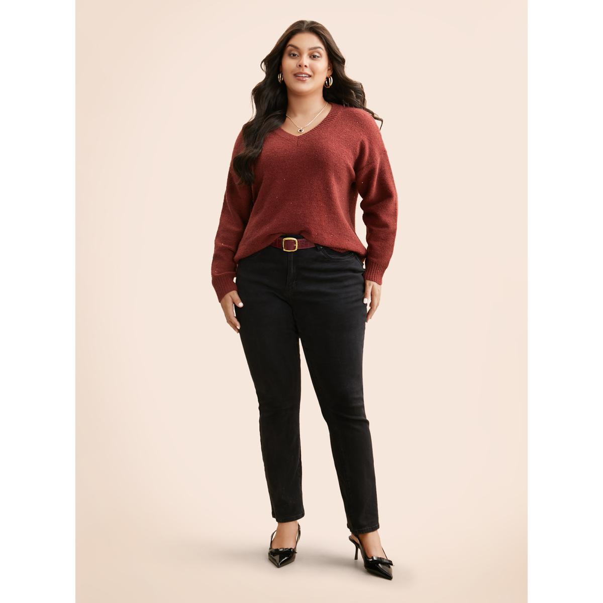 Plus Size V Neck Glitter Dropped Shoulder Split Hem Pullover Deepred Women Casual Loose Long Sleeve V-neck Everyday Pullovers BloomChic 12/L Product Image
