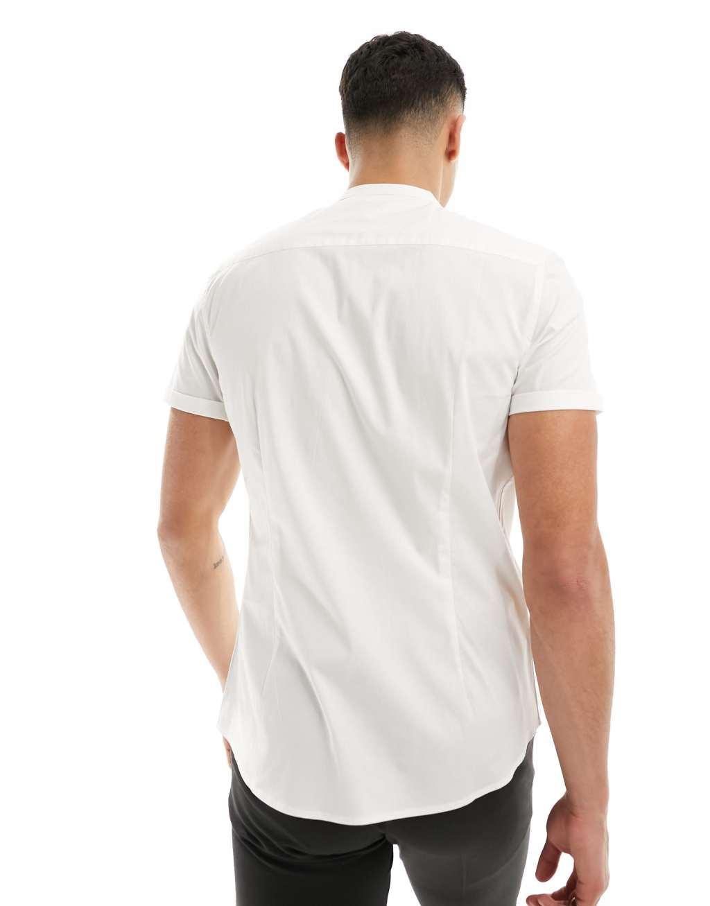 ASOS DESIGN slim fit band collar shirt with roll sleeves Product Image