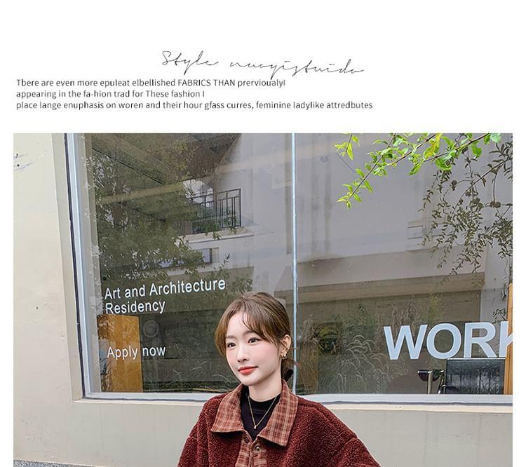 Plaid Trim Fleece Button-Up Jacket Product Image
