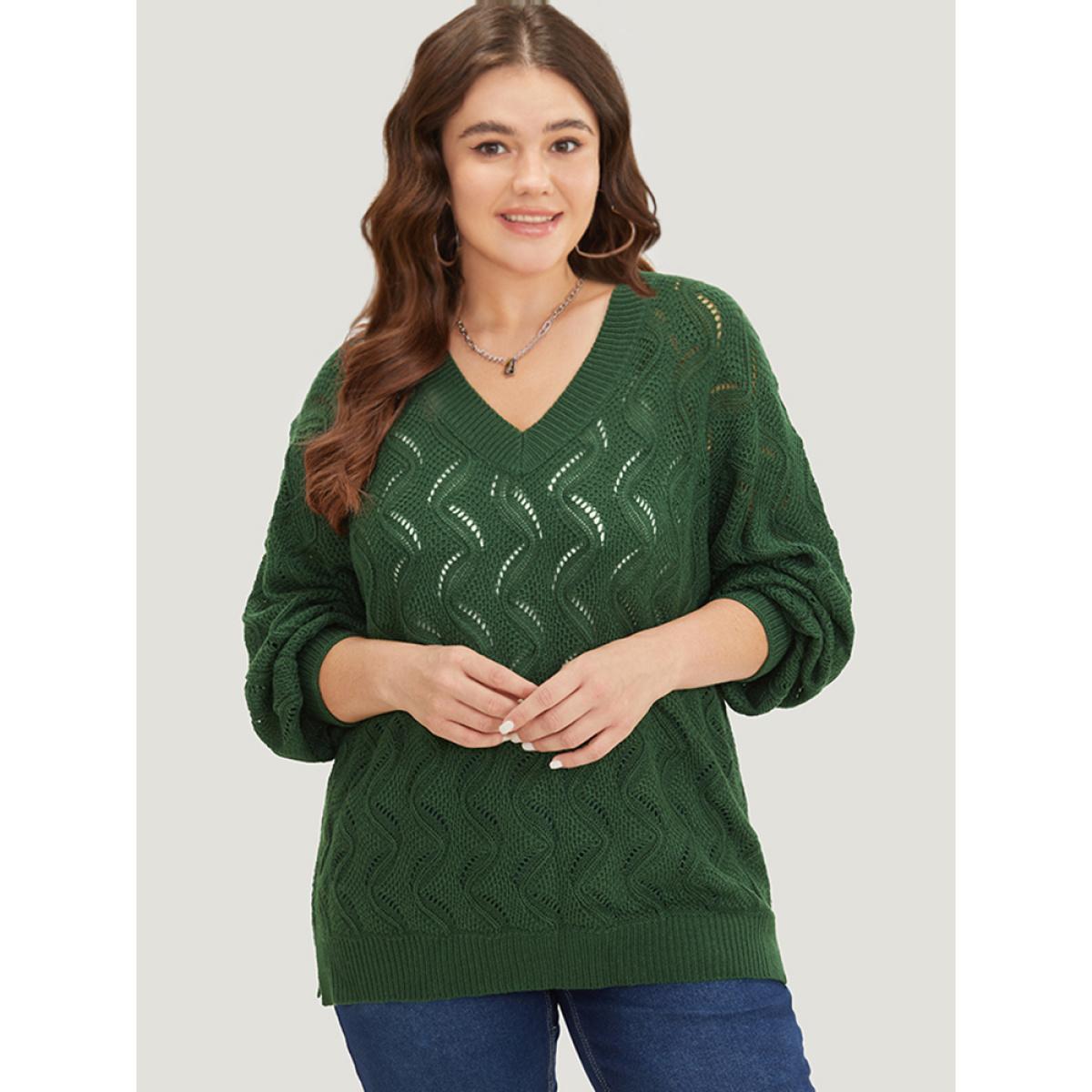 Plus Size Plain Hollow Out V Neck Pullover DarkGreen Women Casual Loose Long Sleeve V-neck Everyday Pullovers BloomChic 26/4X Product Image
