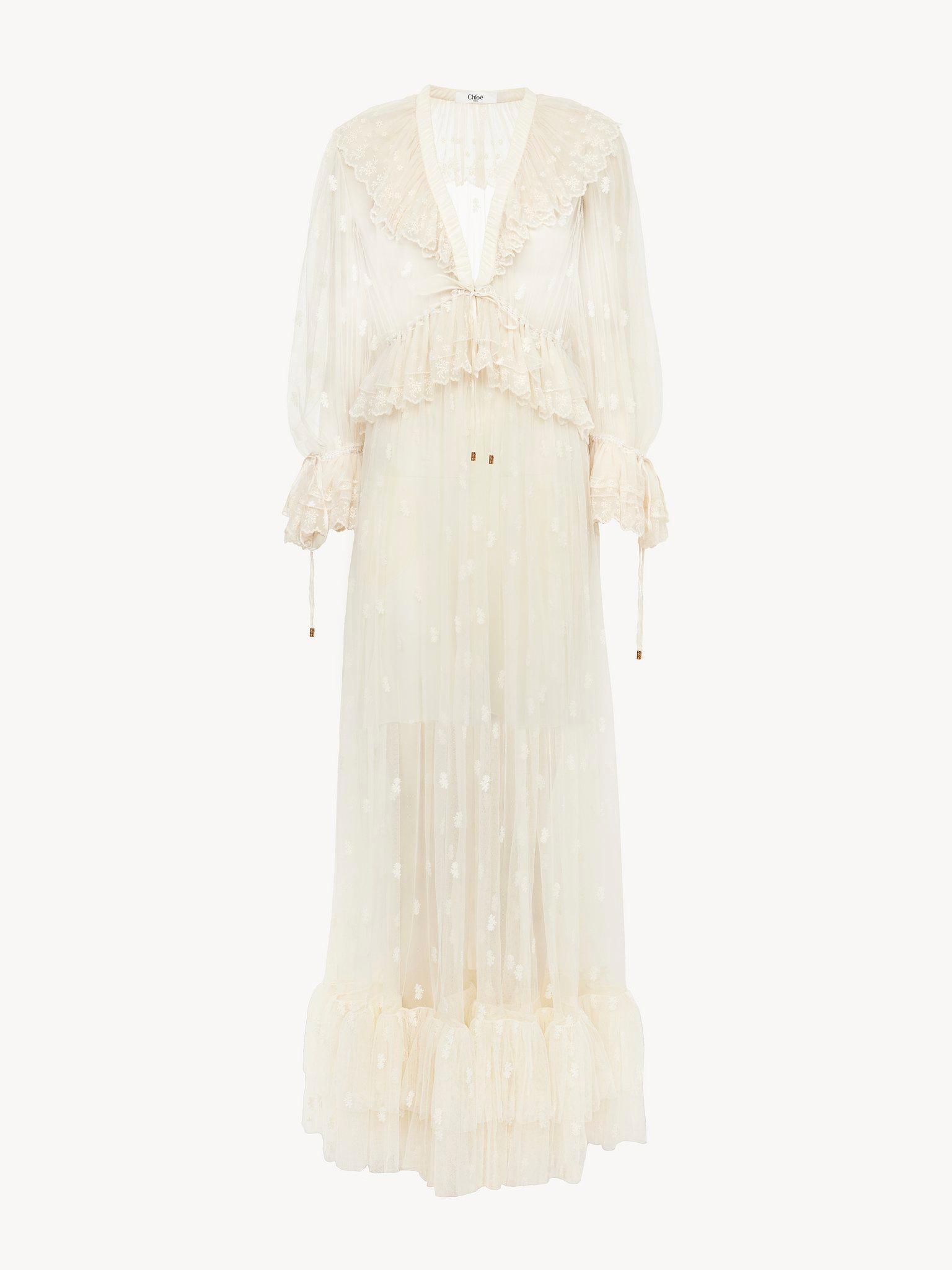 Gathered V-neck long dress in embroidered lace Product Image