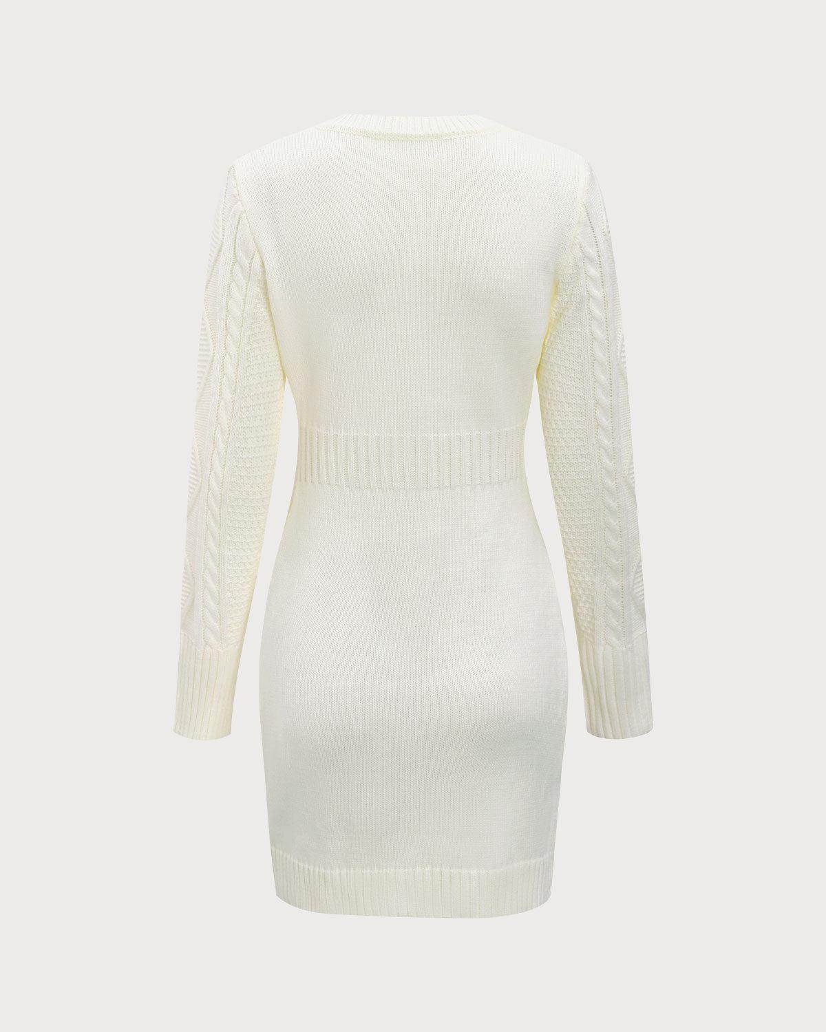 White Round Neck Bodycon Sweater Dress Product Image