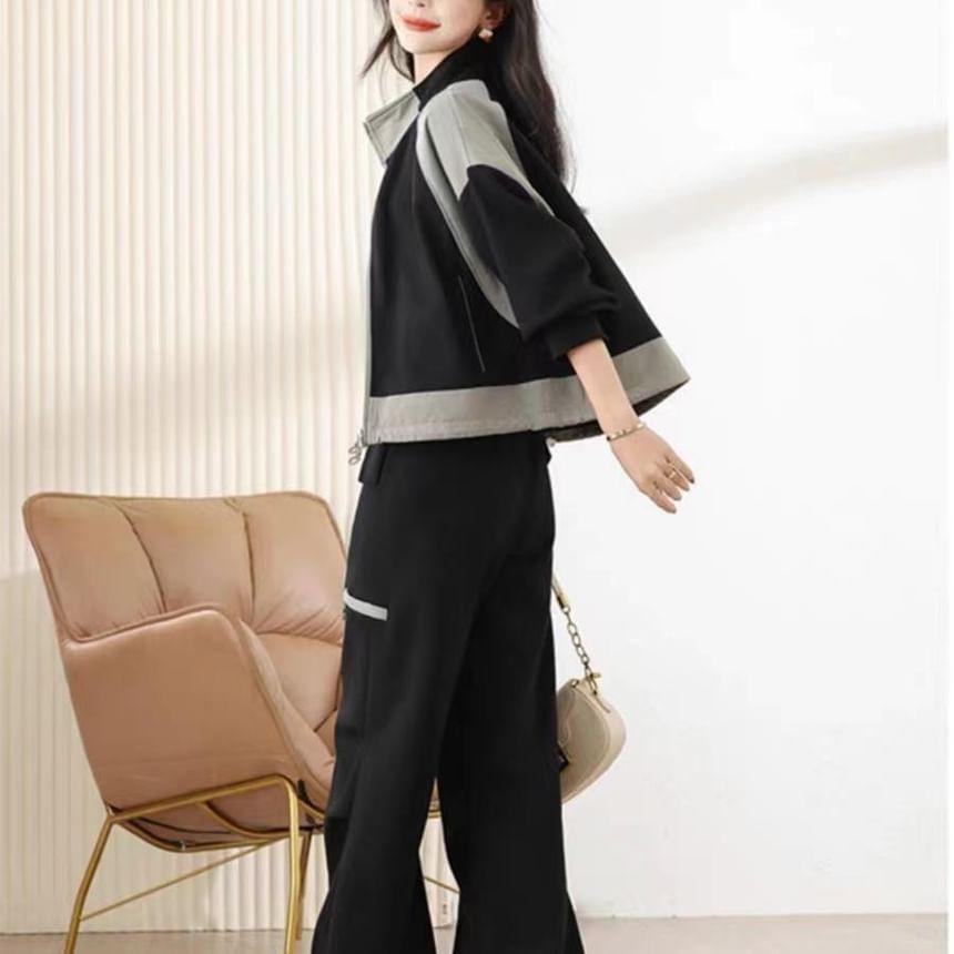 Set: Two Tone Zip-Up Jacket + High Rise Wide Leg Pants Product Image