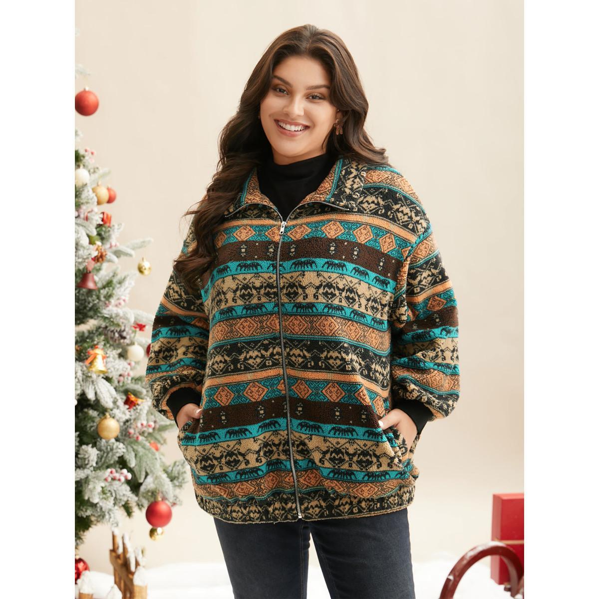 Plus Size Holiday Zipper Collared Jacket Women Multicolor Contrast Loose Slanted pocket Everyday Jackets BloomChic 28/5X Product Image