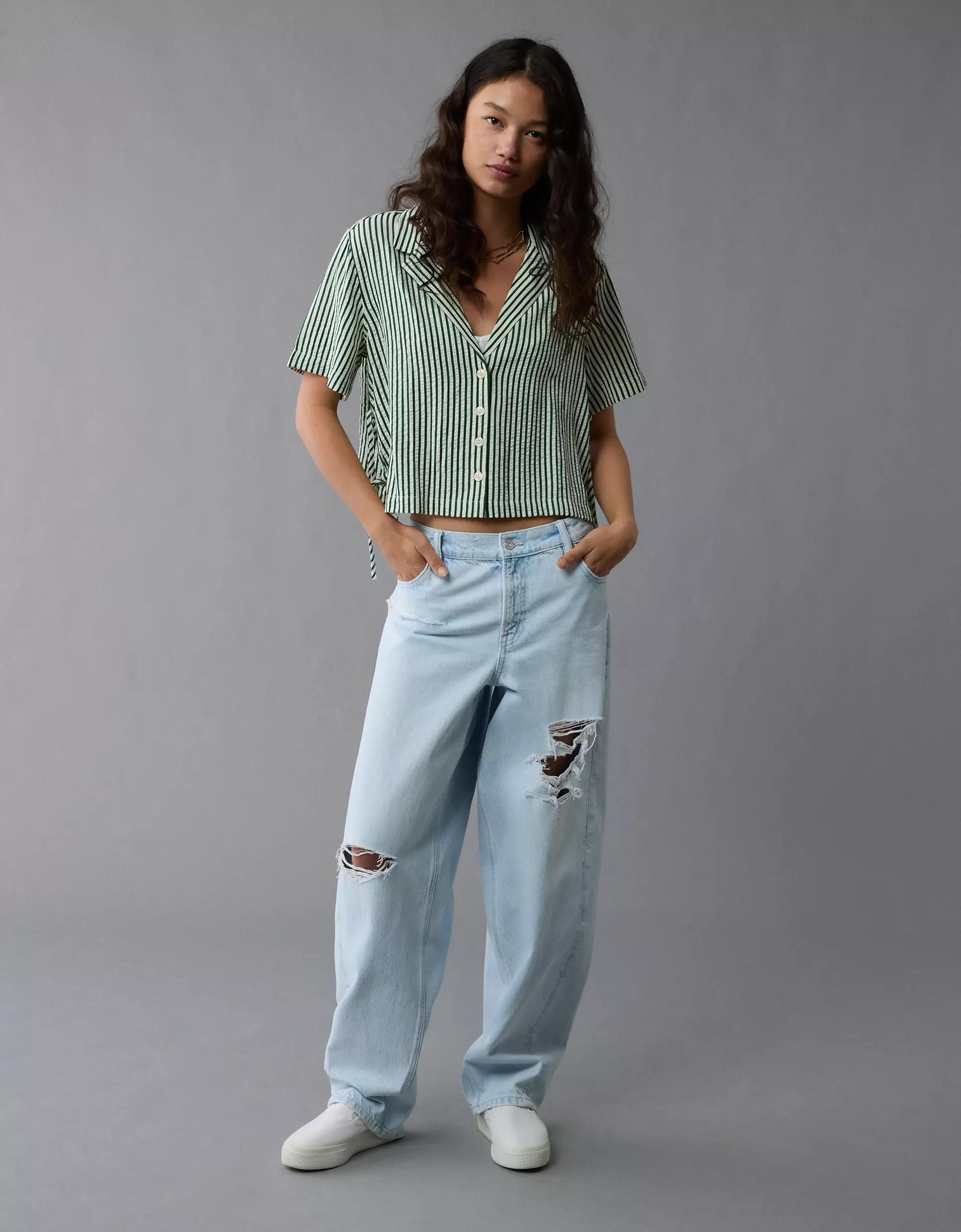 AE Short-Sleeve Tie Side Seersucker Button-Up Shirt Product Image