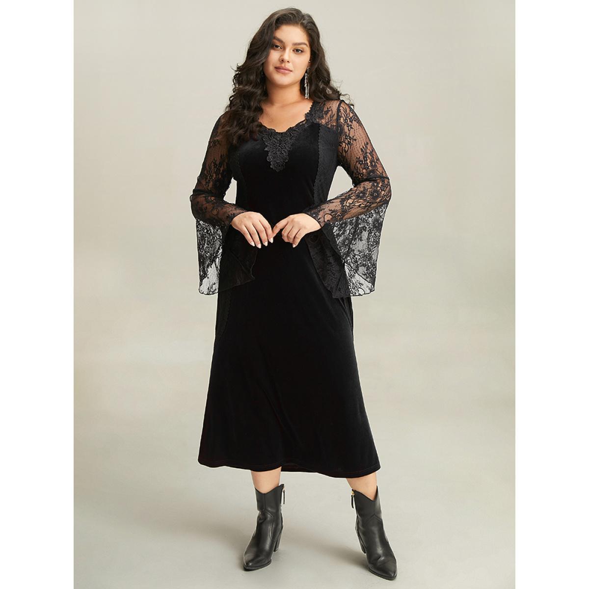 Plus Size Halloween Eyelet Lace Mesh Bell Sleeve Dress Black Women Elegant See through Round Neck Long Sleeve Curvy Midi Dress BloomChic 10/M Product Image