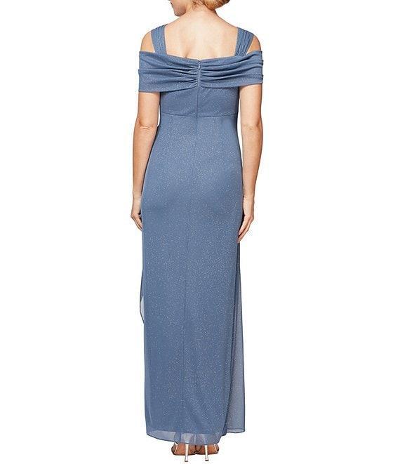 Alex Evenings Glitter Mesh Cowl Neck Cold Shoulder Cap Sleeve Side Slit Ruched Gown Product Image