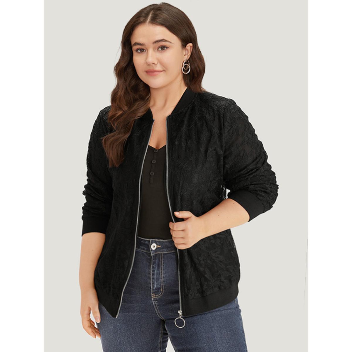 Plus Size Lace Patchwork O Ring Zipper Elastic Cuffs Jacket Women Black Elastic cuffs Everyday Jackets BloomChic 10/M Product Image