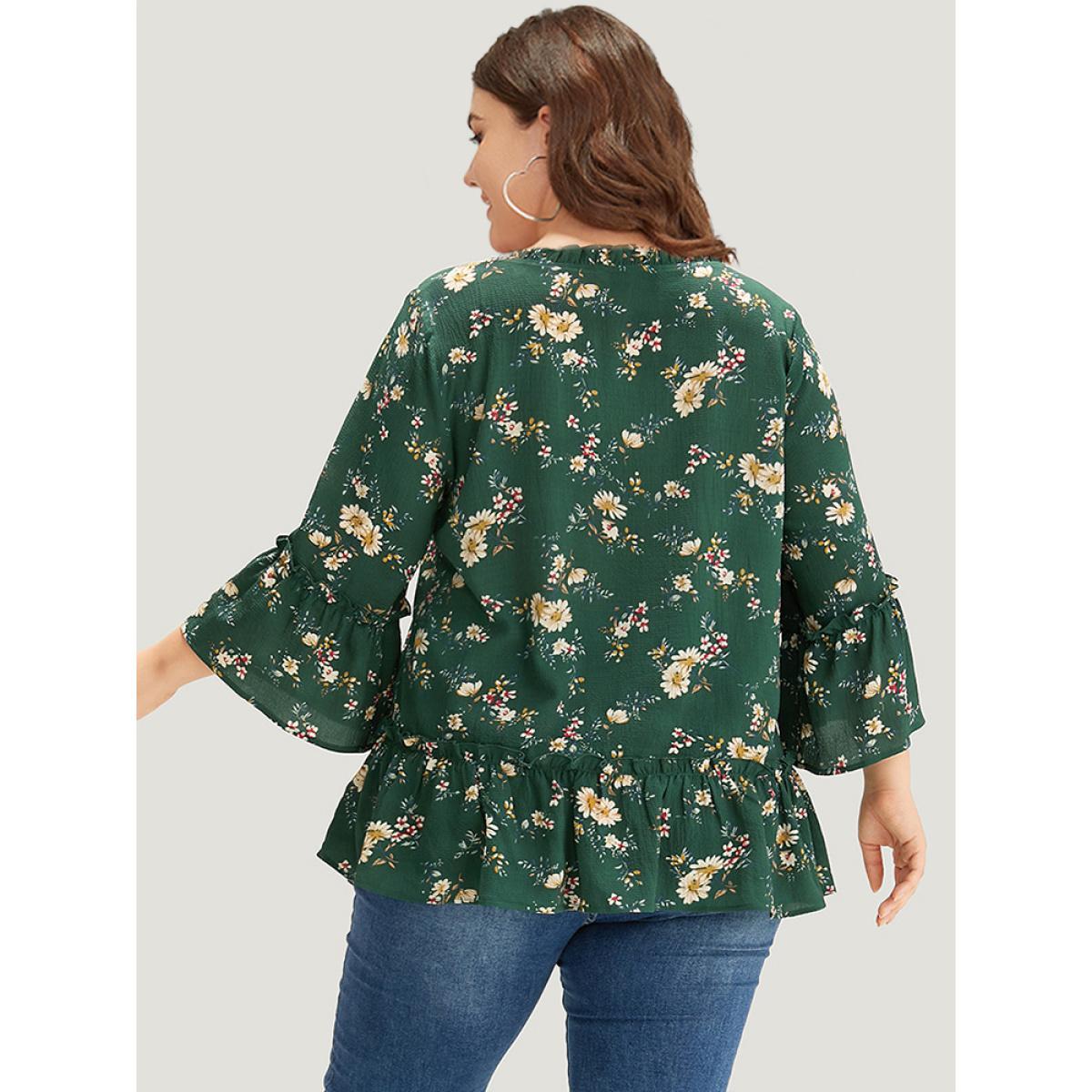 Plus Size DarkGreen Floral Print Knot Neck Ruffle Trim Blouse Women Elegant Elbow-length sleeve Tie Neck Dailywear Blouses BloomChic 14-16/1X Product Image