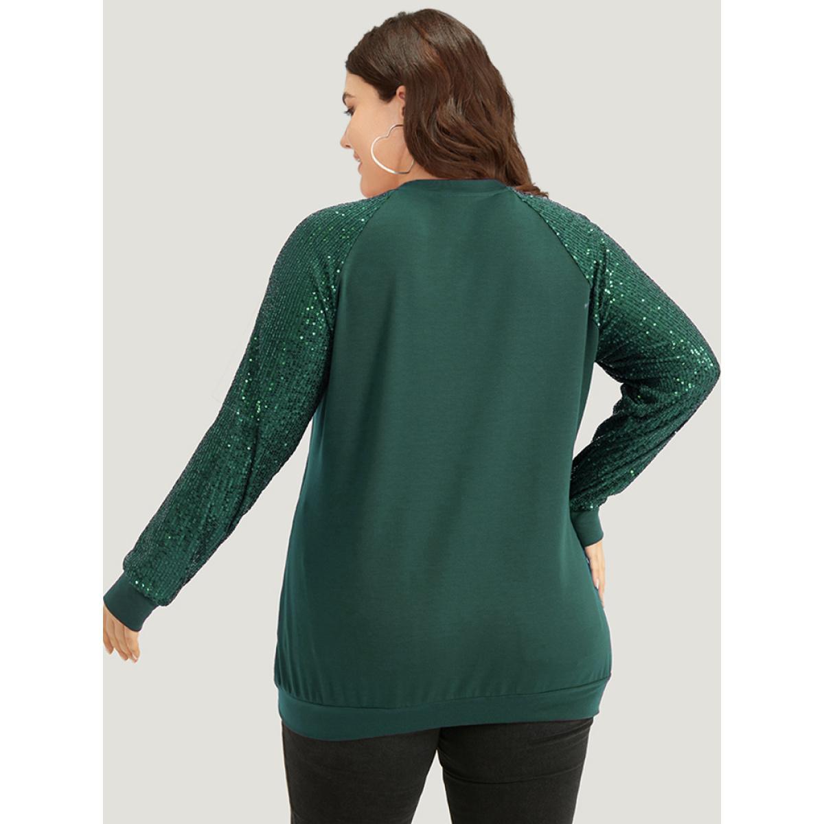 Plus Size Halloween Sequin Round Neck Raglan Sleeve Sweatshirt Women Green Elegant Plain Round Neck Festival-Halloween Sweatshirts BloomChic 22-24/3X Product Image