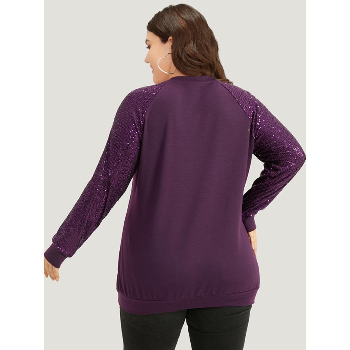 Plus Size Halloween Sequin Round Neck Raglan Sleeve Sweatshirt Women Purple Elegant Plain Round Neck Festival-Halloween Sweatshirts BloomChic 18-20/2X Product Image