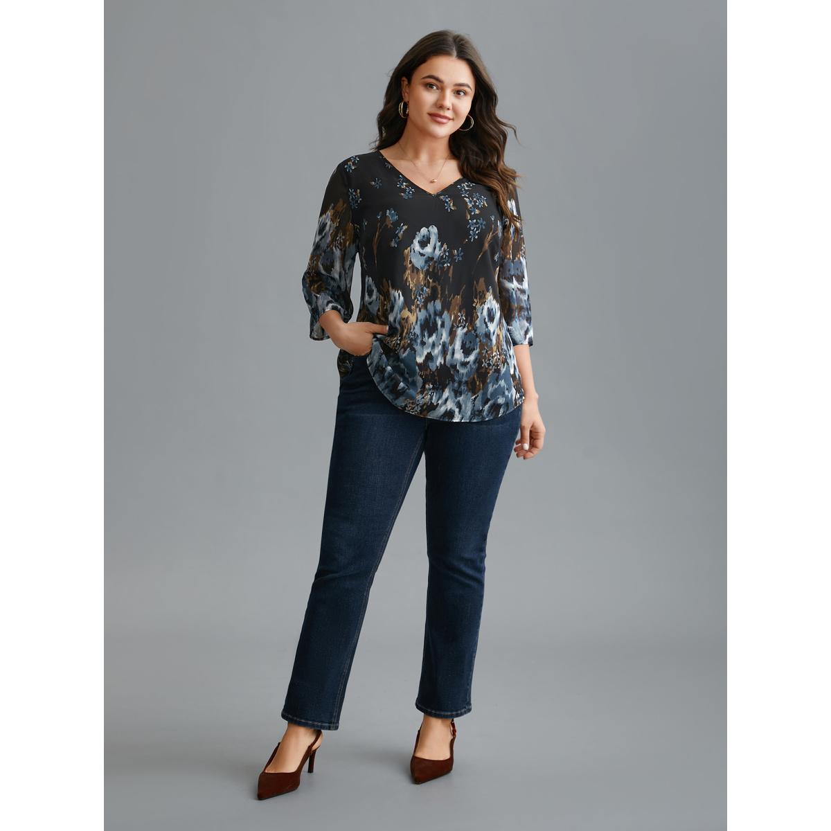 Plus Size Black V Neck Floral Bell Sleeve Blouse Women Elegant Elbow-length sleeve V-neck Everyday Blouses BloomChic 18-20/2X Product Image