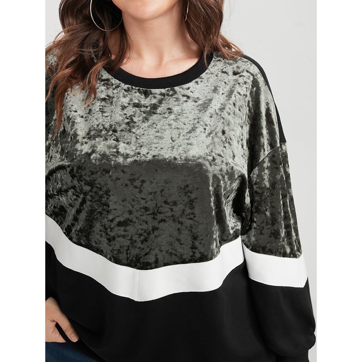 Plus Size Colorblock Contrast Velvet Patchwork Drop Shoulder Sweatshirt Women ArmyGreen Casual Patchwork Round Neck Dailywear Sweatshirts BloomChic 10/M Product Image