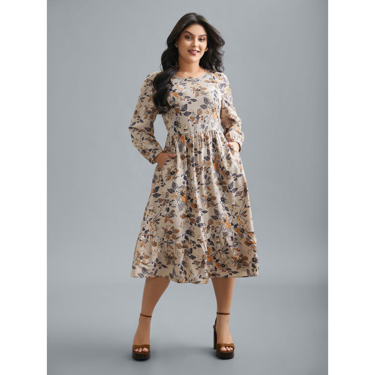 Plus Size Floral Stretchy Waist-Cinched Pocket Dress Tan Women Elegant Non Round Neck Long Sleeve Curvy BloomChic 26/4X Product Image