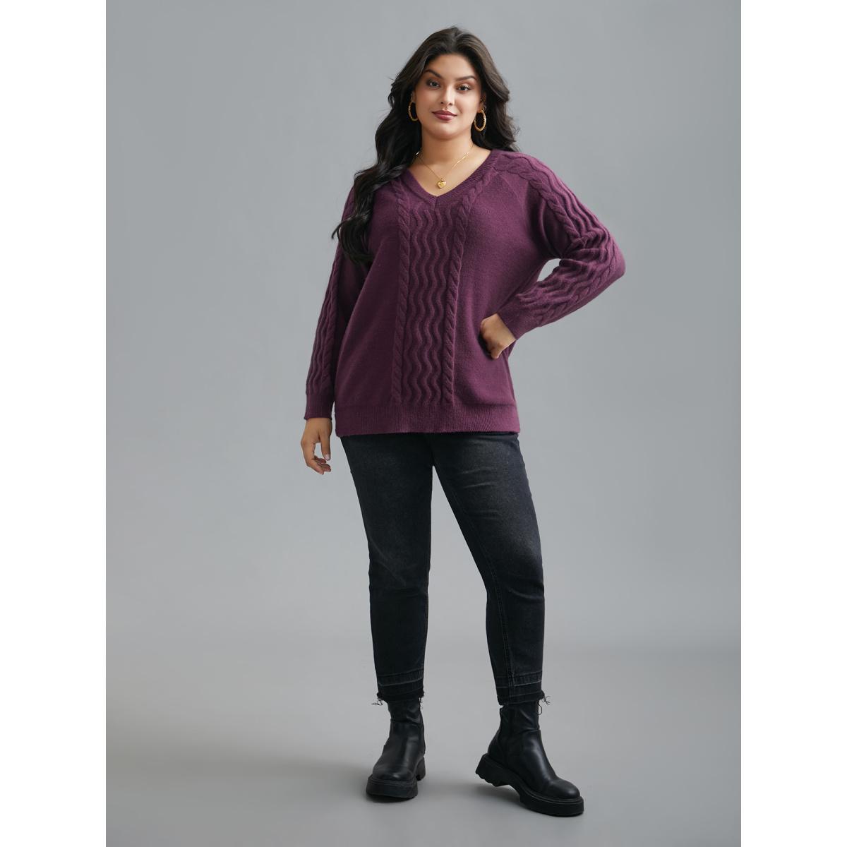 Plus Size Plain V Neck Cable Knit Pullover Deeppurplered Women Casual Loose Long Sleeve V-neck Everyday Pullovers BloomChic 28/5X Product Image