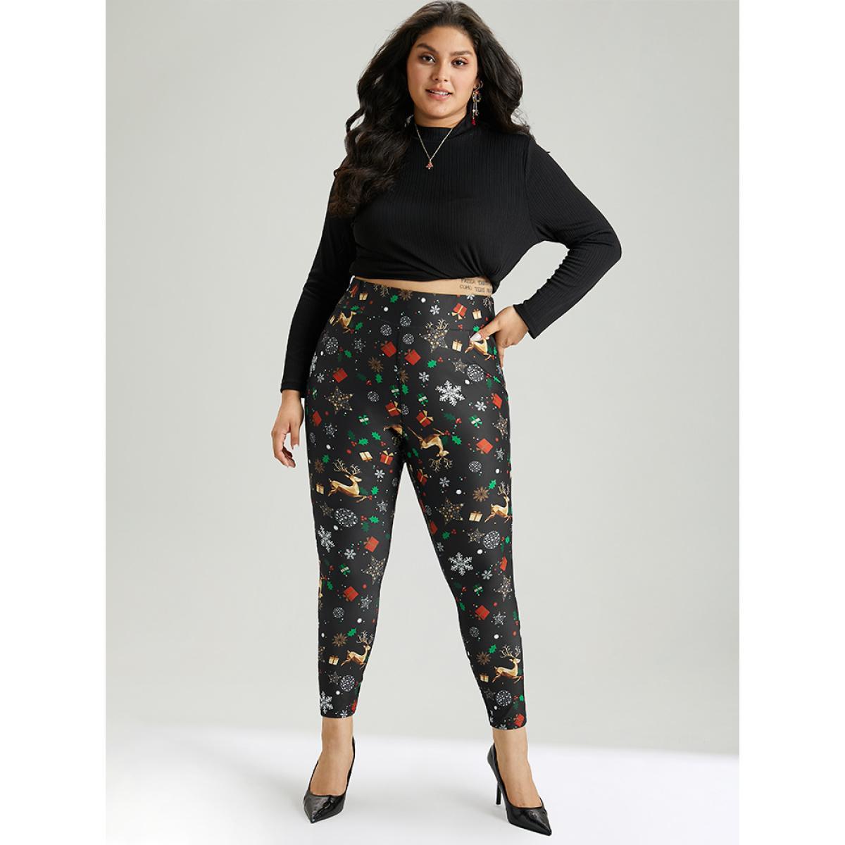 Plus Size Christmas Print Elastic Waist Leggings Women Black Casual High stretch Skinny High Rise Dailywear Leggings BloomChic 22-24/3X Product Image