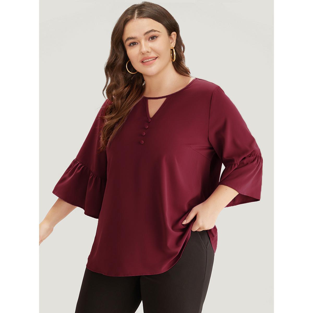 Plus Size Scarlet Plain Keyhole Bell Sleeve Button Detail Blouse Women Office Elbow-length sleeve V-neck Work Blouses BloomChic 14-16/1X Product Image