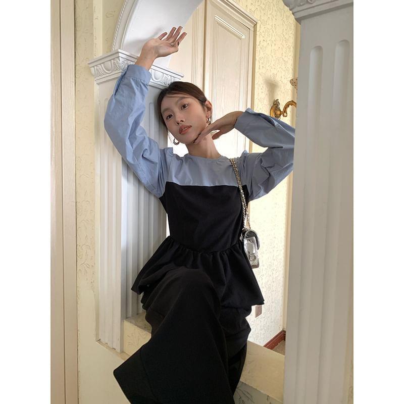 Long Sleeve Round Neck Two Tone Ruffle Hem Crop Blouse Product Image