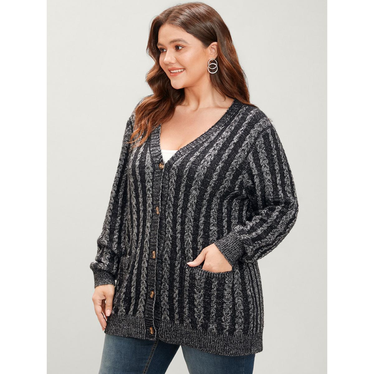 Plus Size Striped Contrast Pointelle Knit Pocket Button Front Heather Cardigan DimGray Women Casual Loose Long Sleeve Everyday Cardigans BloomChic 30/6X Product Image