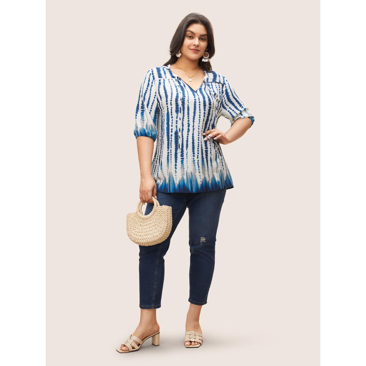 Plus Size DarkBlue Tie Dye Tie Neck Frill Trim Blouse Women Resort Half Sleeve Notched collar Vacation Blouses BloomChic 10/M Product Image