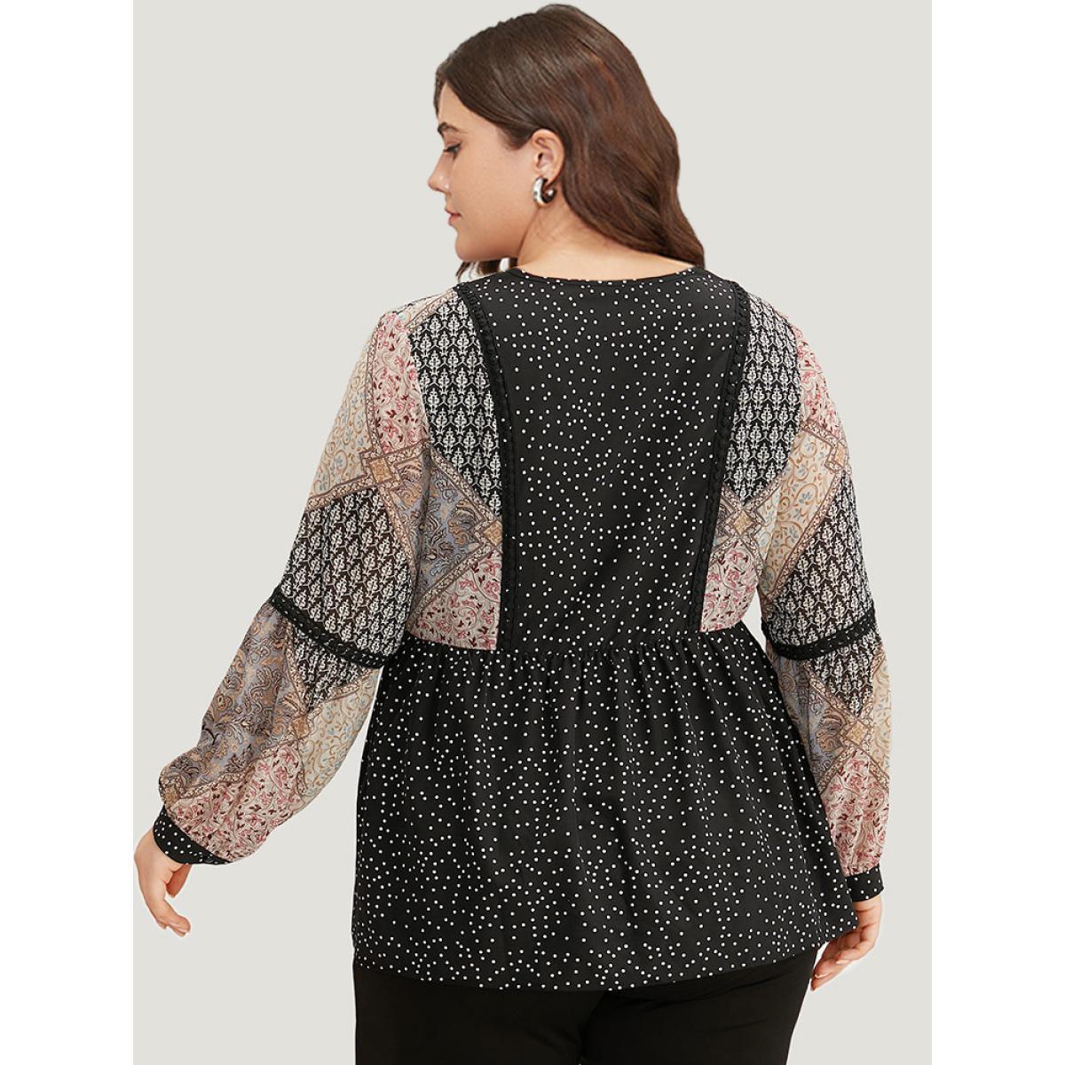 Plus Size BlackFlower Bandana Polka Dot Patchwork Contrast Blouse Women Vacation Long Sleeve V-neck Vacation Blouses BloomChic 30/6X Product Image