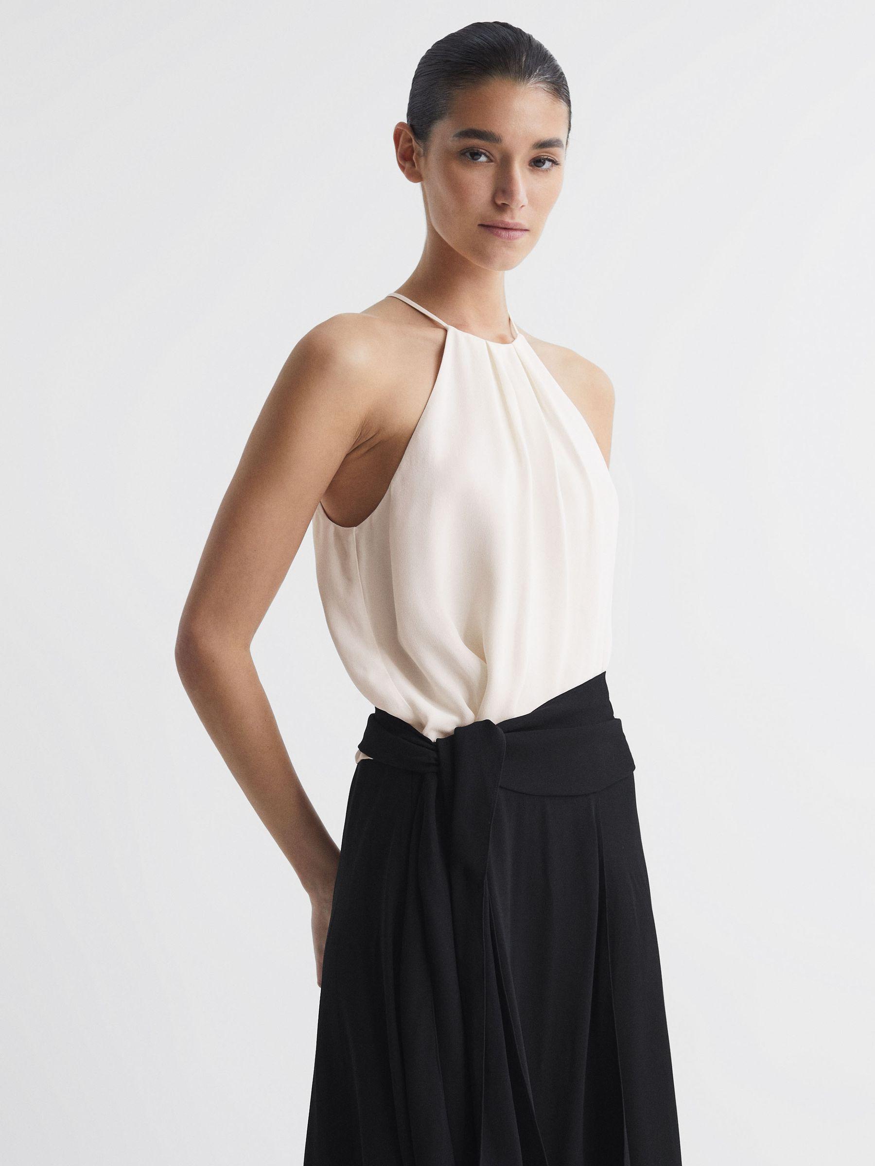 Asymmetric Belted Wrap Midi Dress in Cream/Black Product Image