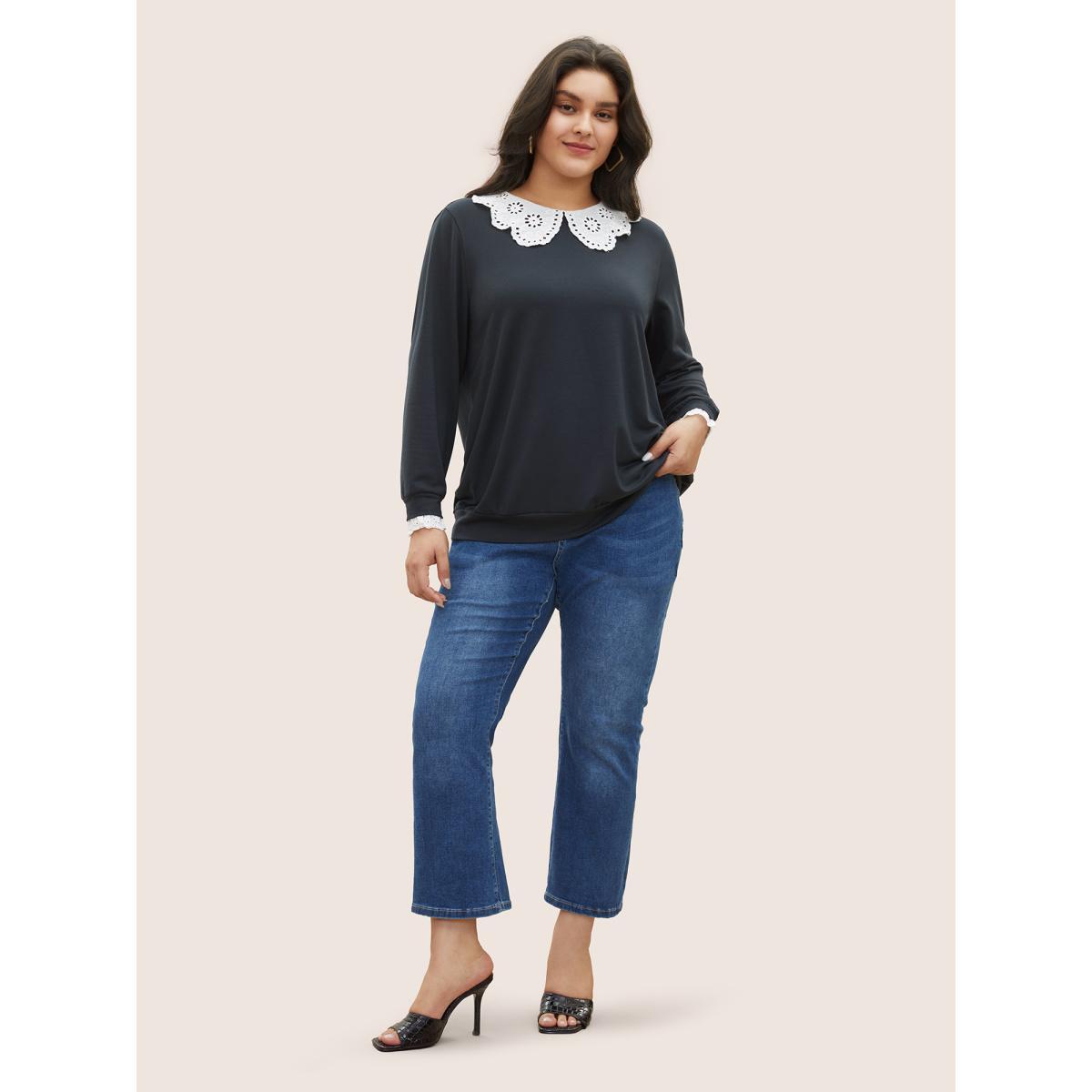 Plus Size Contrast Peter Pan Collar Broderie Anglaise Sweatshirt Women Midnight Casual Contrast Peter Pan Collar Everyday Sweatshirts BloomChic 18-20/2X Product Image