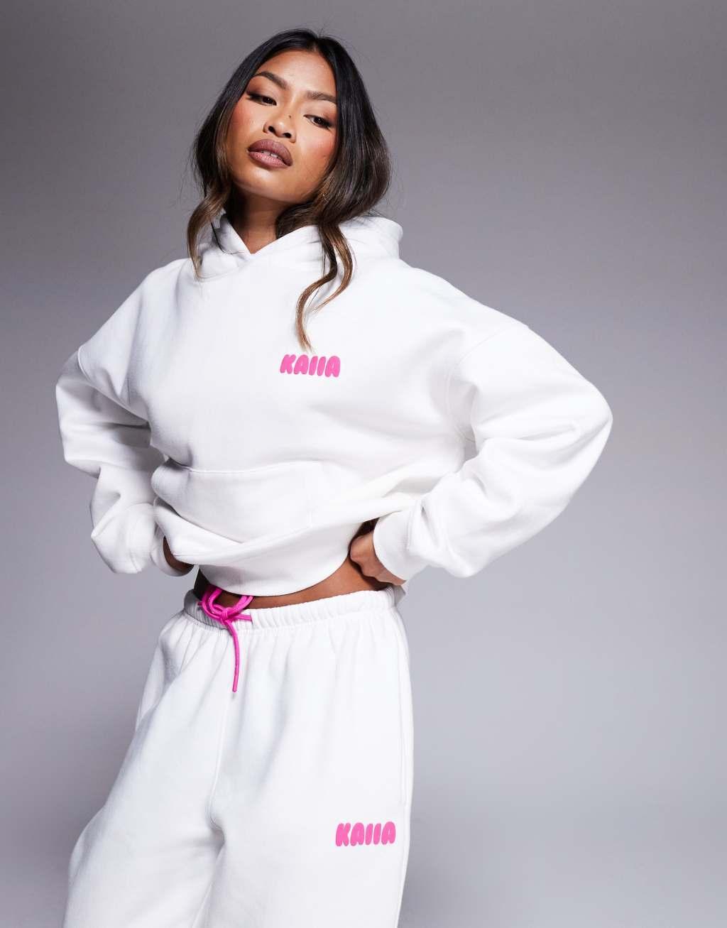 Kaiia wavy back print logo hoodie in white and pink - part of a set Product Image