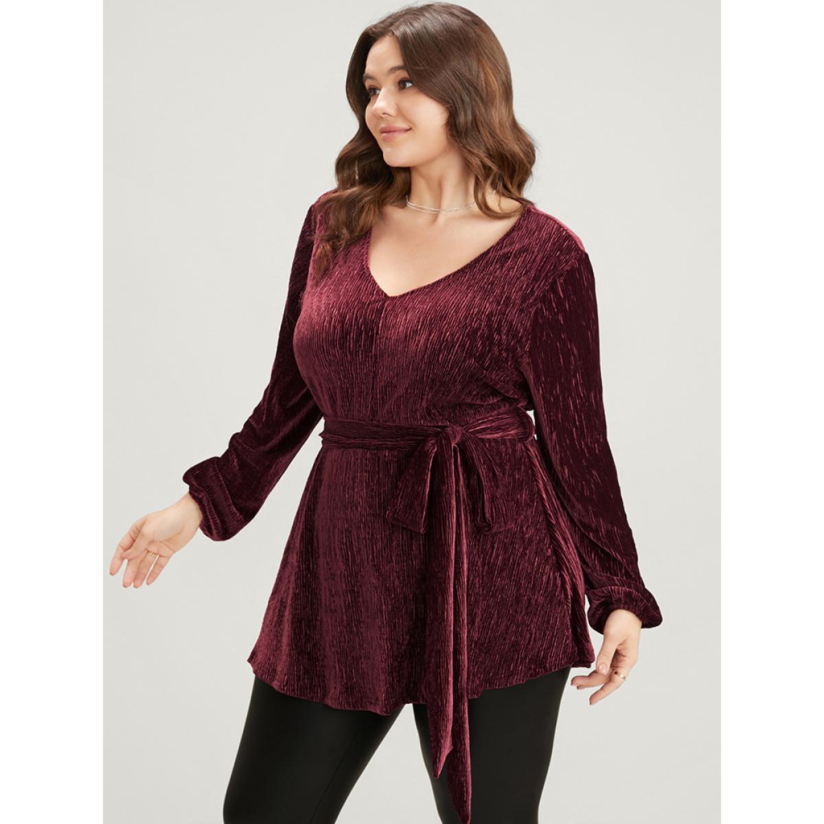 Plus Size Burgundy Glitter Textured Lantern Sleeve Belted Ruffle Blouse Women Party Long Sleeve V-neck Going out Blouses BloomChic 22-24/3X Product Image