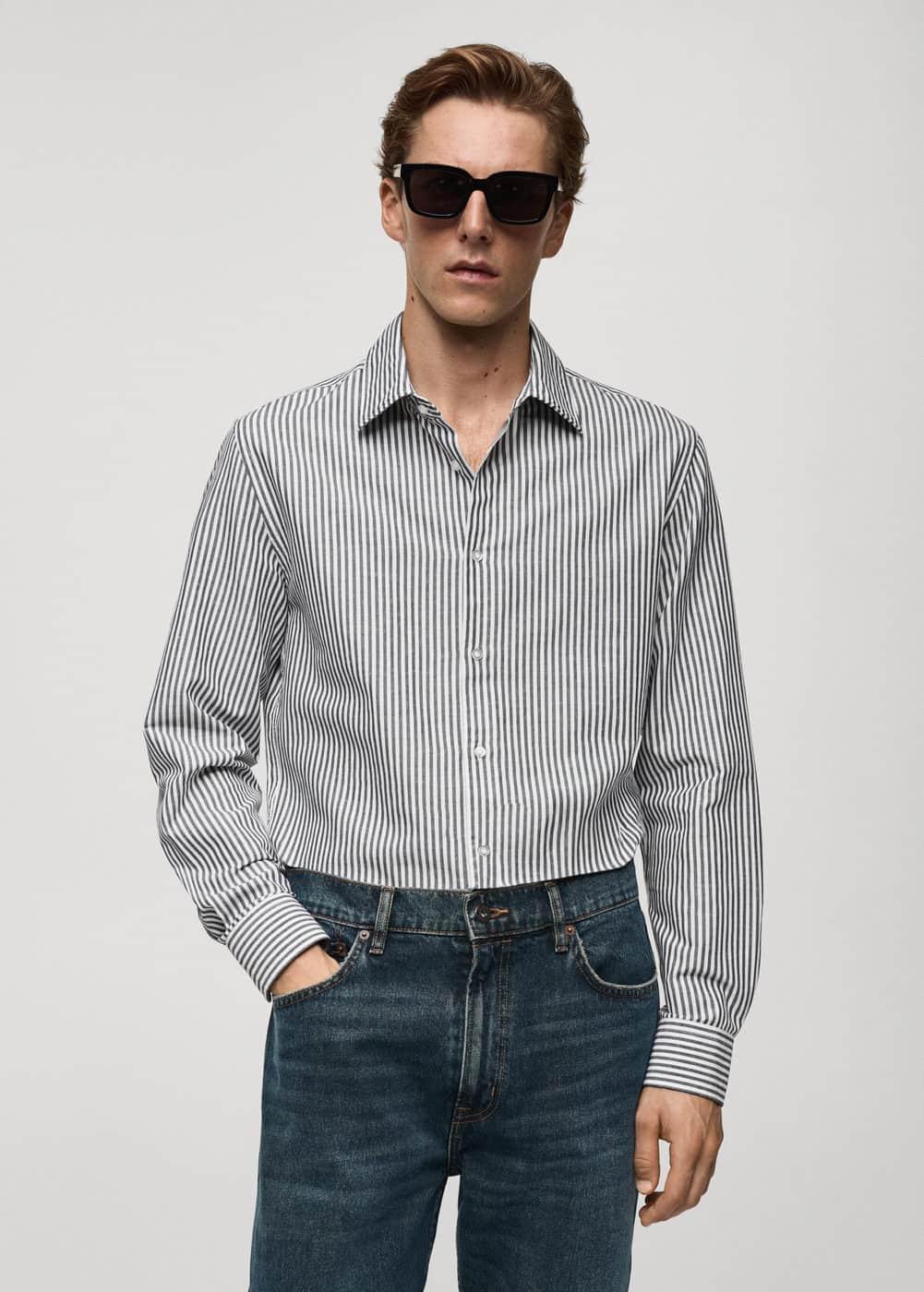 Regular-fit striped cotton-linen shirt - Men | MANGO USA Product Image