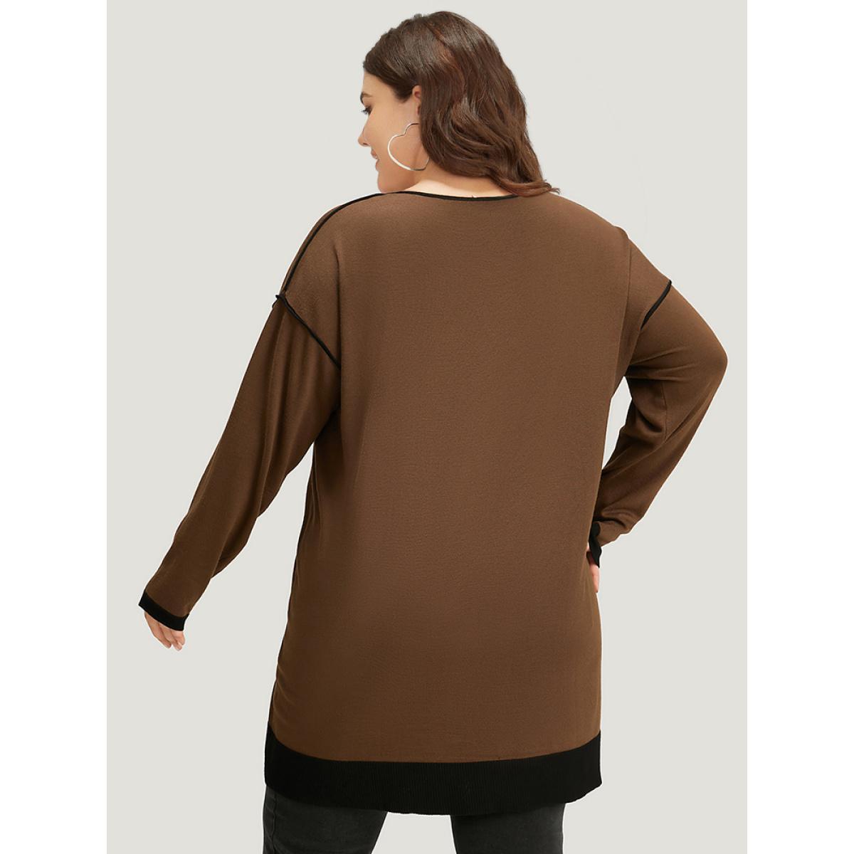 Plus Size Contrast Seam Detail Drop Shoulder Pullover DarkBrown Women Casual Loose Sleeveless V-neck Dailywear Pullovers BloomChic 28/5X Product Image