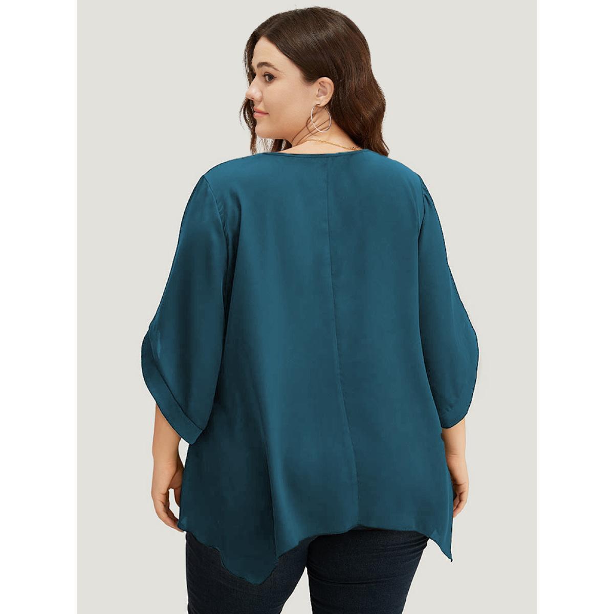 Plus Size Cyan Anti-Wrinkle Stitch Patchwork Hanky Hem Blouse Women Glamour Half Sleeve V-neck Going out Blouses BloomChic 18-20/2X Product Image