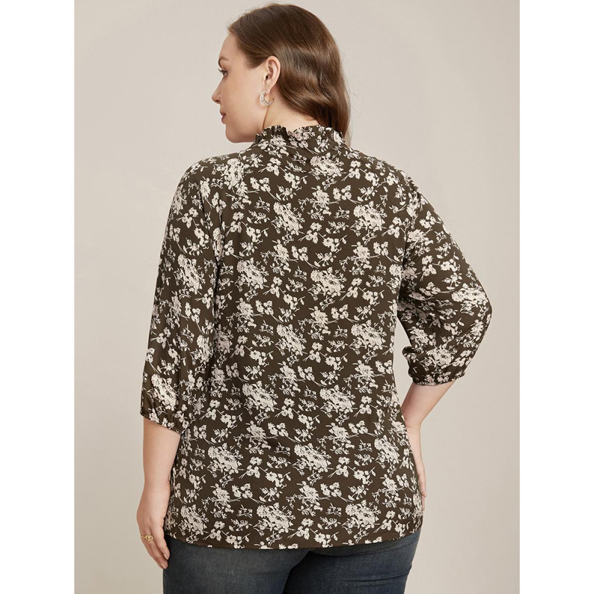 Plus Size DarkBrown Floral Print Lantern Sleeve Tie V Neck Blouse Women Elegant Elbow-length sleeve V-neck Dailywear Blouses BloomChic 26/4X Product Image