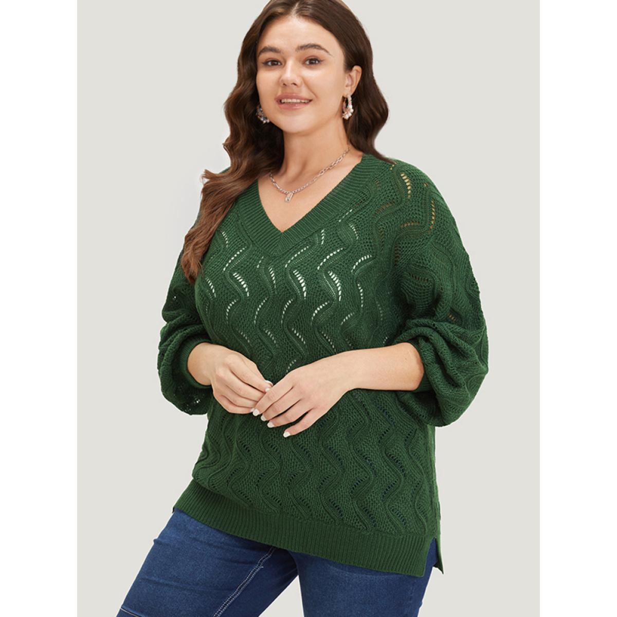 Plus Size Plain Hollow Out V Neck Pullover DarkGreen Women Casual Loose Long Sleeve V-neck Everyday Pullovers BloomChic 30/6X Product Image