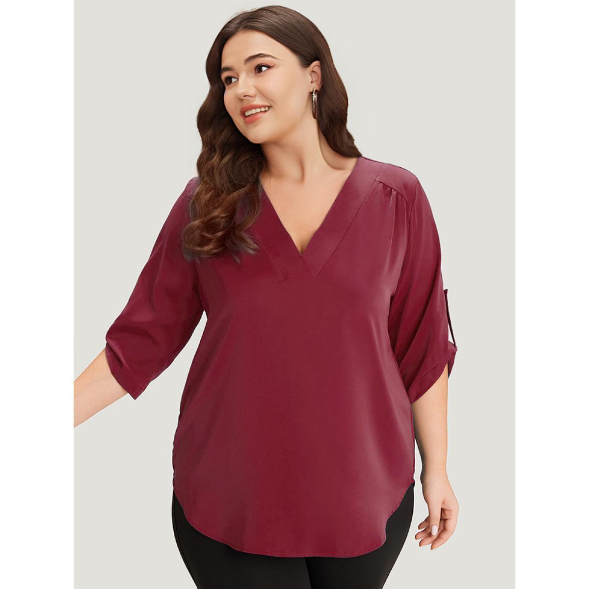 Plus Size Indigo Solid Cuffed Sleeve Gathered Curved Hem Blouse Women Office Elbow-length sleeve V-neck Work Blouses BloomChic 30/6X Product Image
