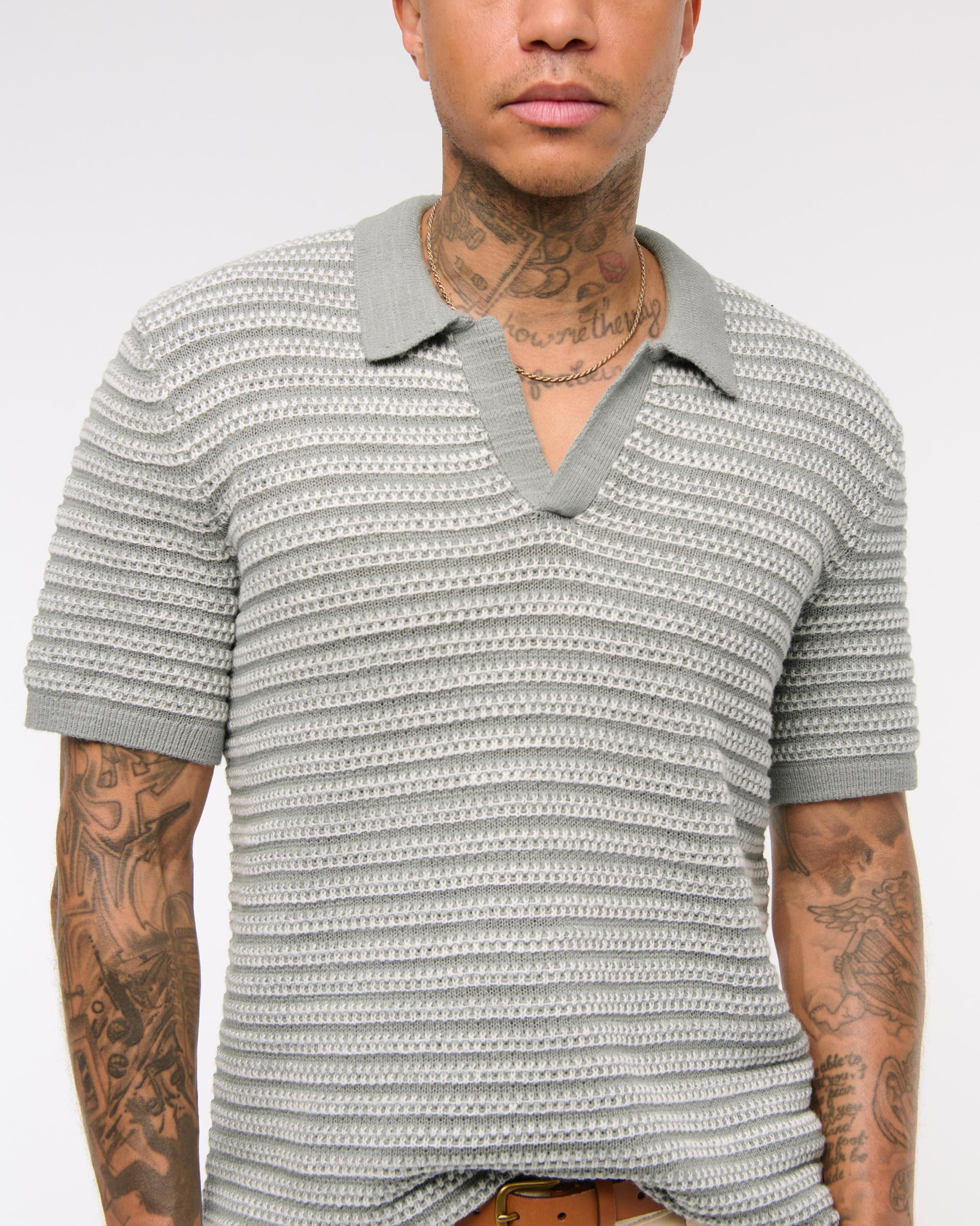Textural Striped Johnny Collar Sweater Polo Product Image