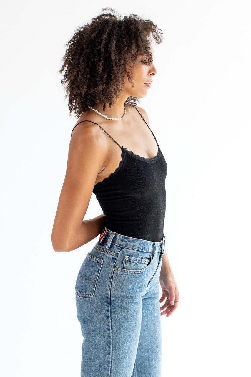 Black Seamless Lace Trim Bodysuit Product Image
