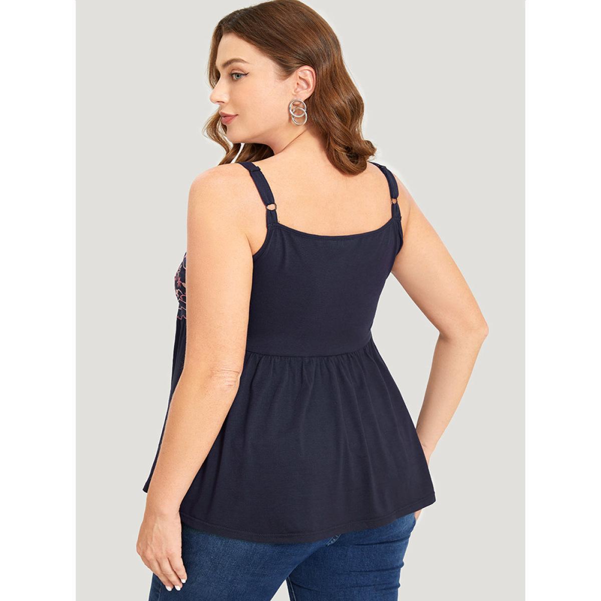 Plus Size Floral Embroidered Ruffle Hem Cami Top Women Indigo Elegant Gathered V-neck Vacation Tank Tops Camis BloomChic 22-24/3X Product Image