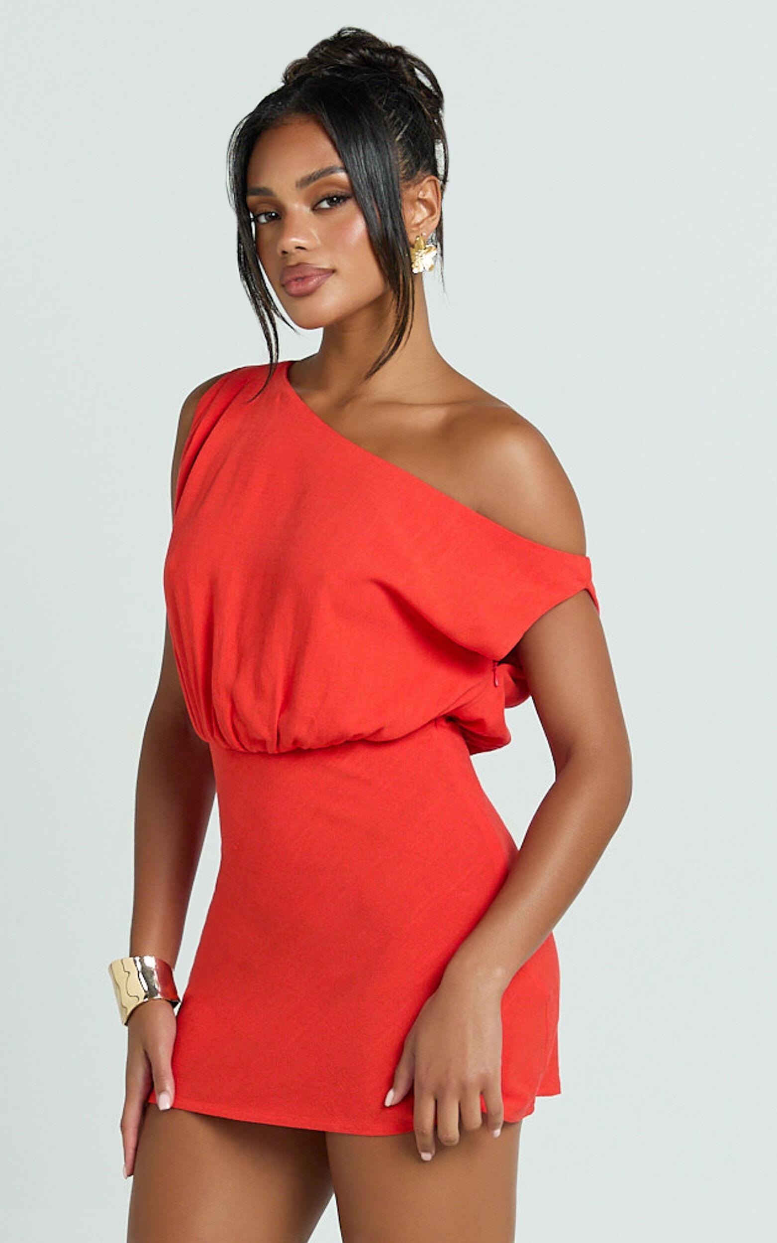 Nellie Mini Linen Dress - Linen One Shoulder Mini Dress in Orange Product Image