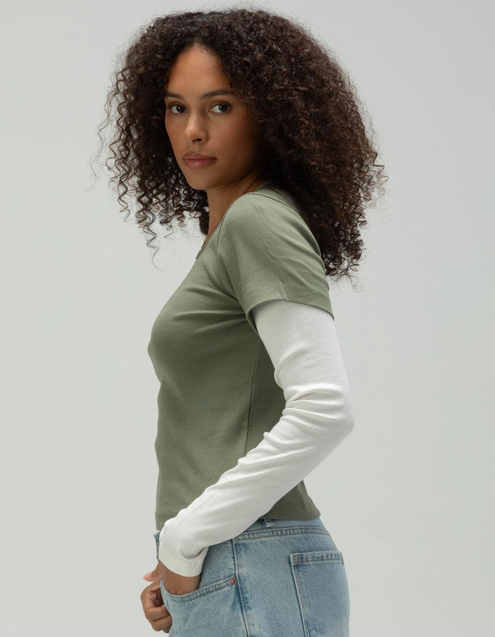 RSQ Womens 2FER Long Sleeve Tee - OLIVE Product Image