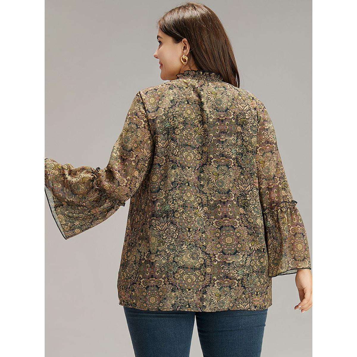 Plus Size Bronze Bandana Print Mesh Frill Trim Blouse Women Elegant Long Sleeve Round Neck Vacation Blouses BloomChic 12/L Product Image