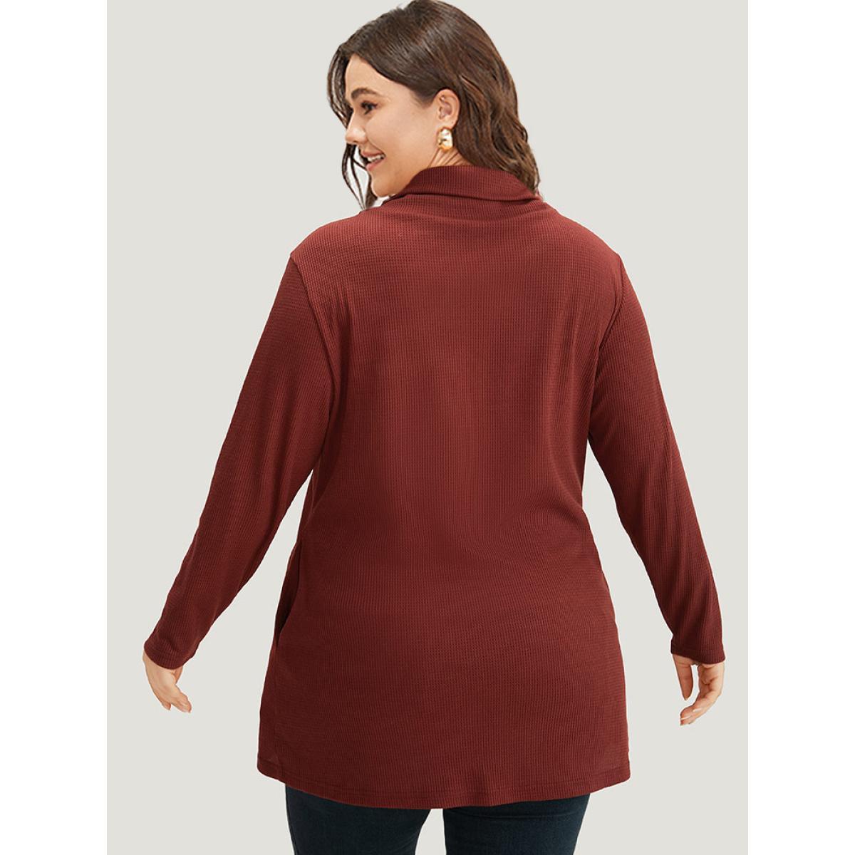 Plus Size Rib Knit Mock Neck Wrap Pocket Button Detail Sweatshirt Women Scarlet Casual Wrap Mock Neck Dailywear Sweatshirts BloomChic 12/L Product Image