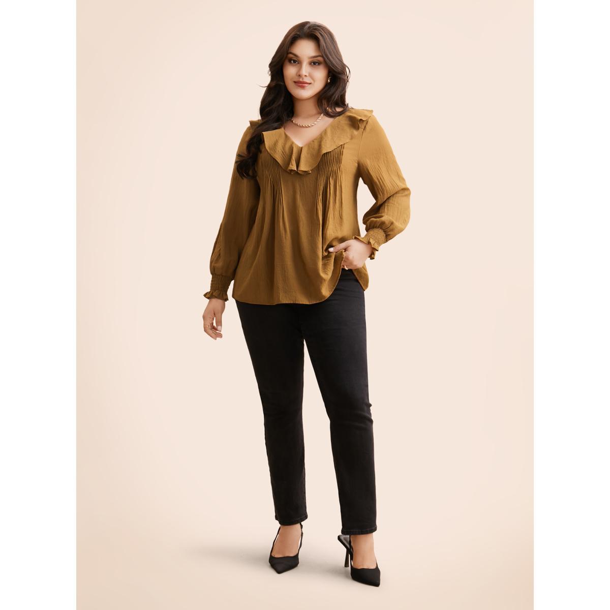 Plus Size Yellowishbrown Solid Texture Pleated Ruffle Trim Blouse Women Elegant Long Sleeve Deep V-neck Everyday Blouses BloomChic 22-24/3X Product Image