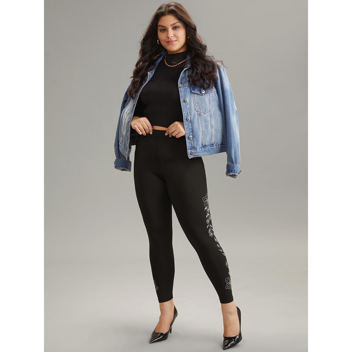 Plus Size Floral Rhinestone Patchwork High Rise Leggings Women Black Casual High stretch Skinny High Rise Dailywear Leggings BloomChic 22-24/3X Product Image