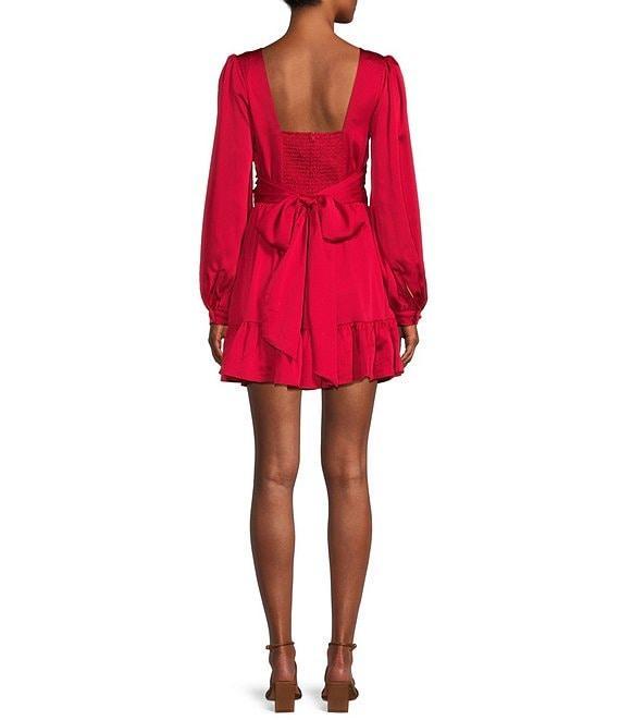 B. Darlin Long Sleeve V-Neck Knot Bubble Twist Satin Dress Product Image