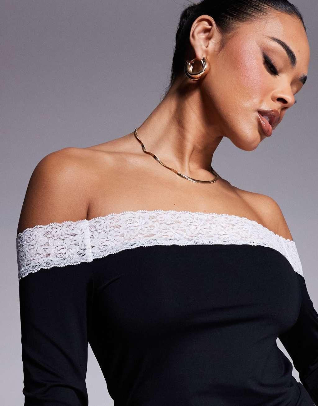 ASOS DESIGN monochrome lace trim bardot in black Product Image